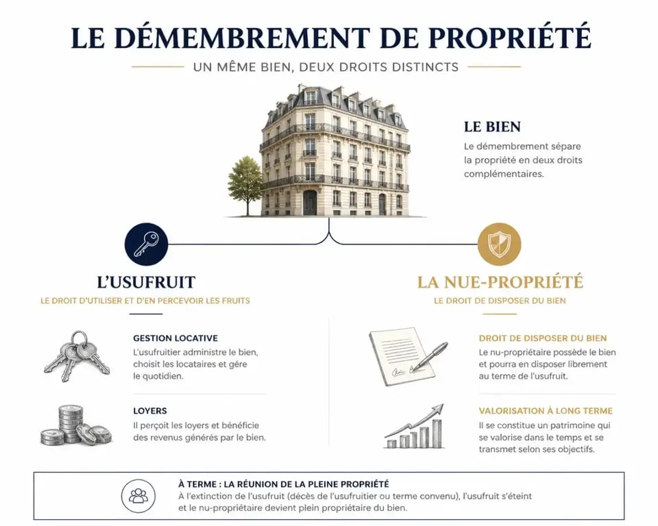 Schéma explicatif du démembrement de propriété pour investir en nue-propriété