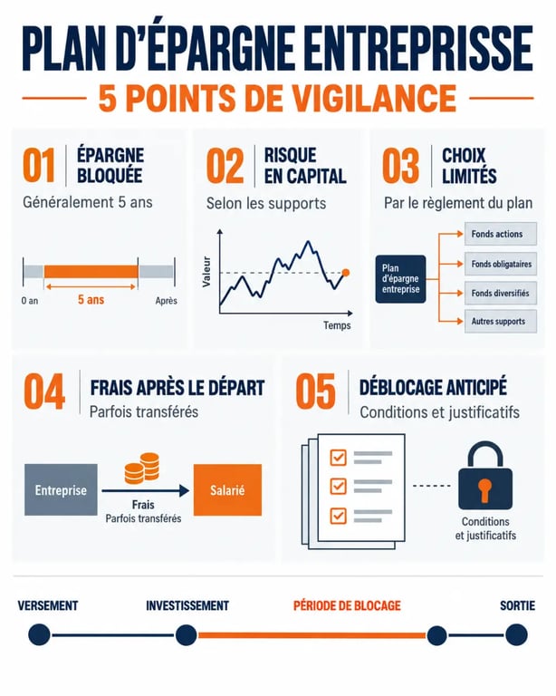 Infographie sur les inconvénients du plan épargne entreprise : blocage, risque, frais et déblocage