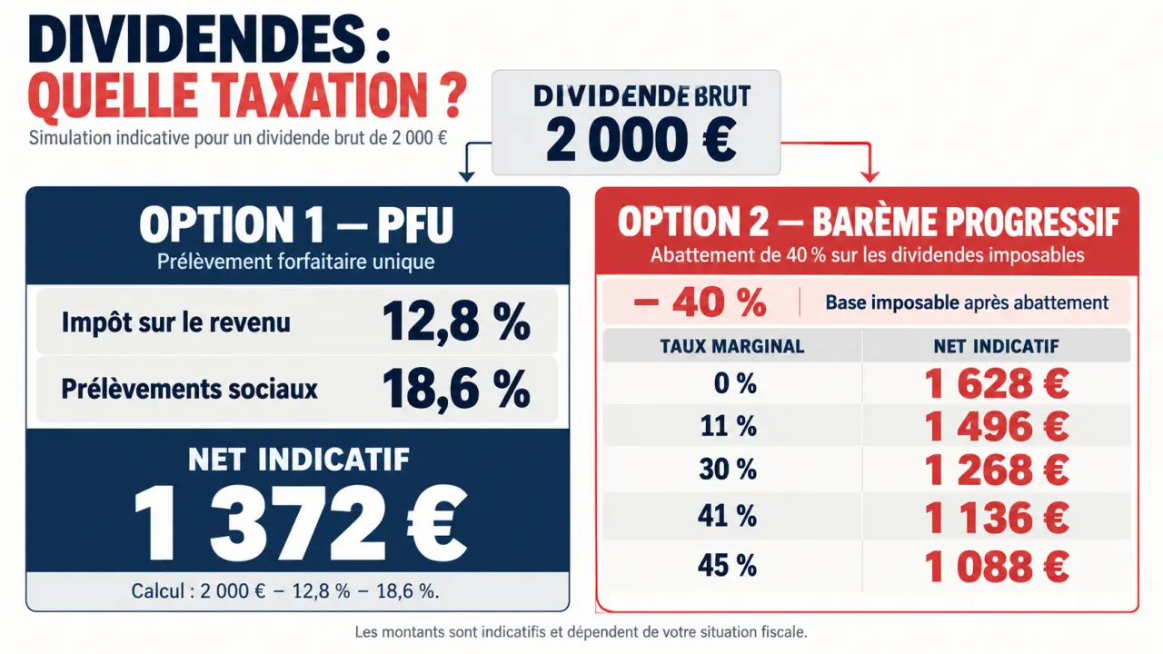 Infographie sur la taxation dividendes avec comparaison du PFU et du barème progressif