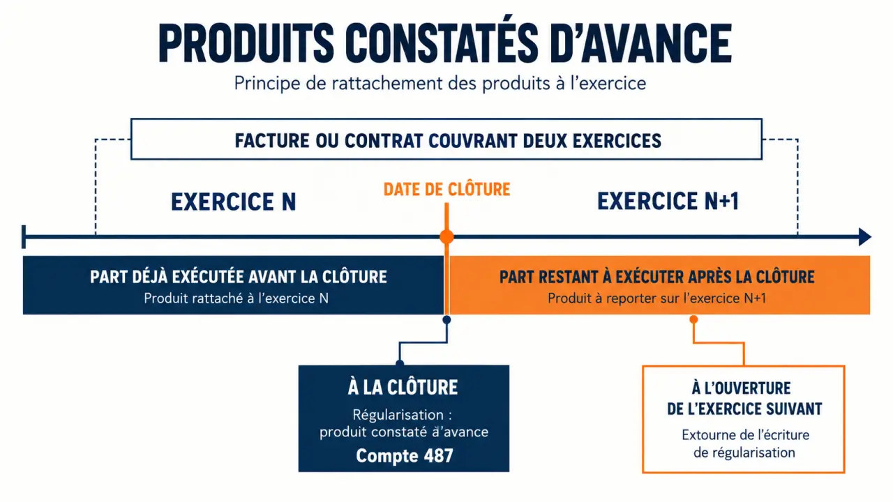 Schéma chronologique du traitement des produits constatés d’avance avec le compte 487