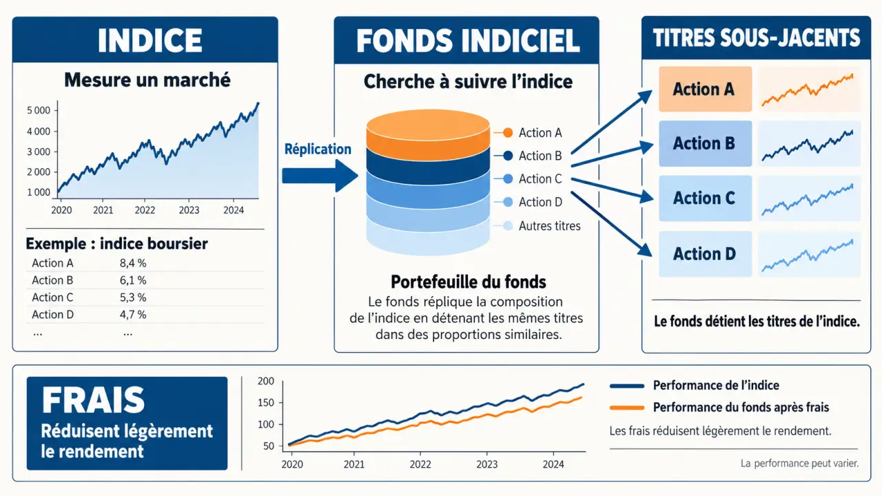 Schéma pédagogique du fonctionnement des fonds indiciels, de l’indice aux titres sous-jacents et aux frais