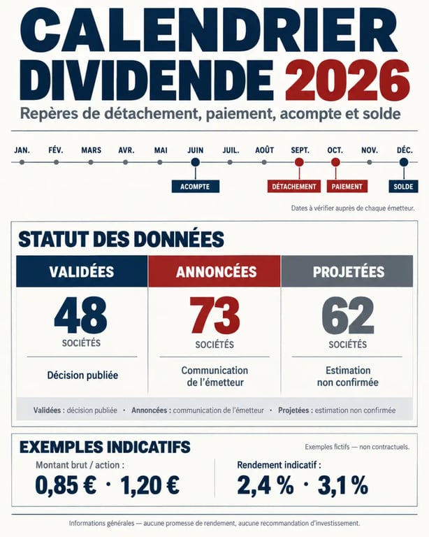 Infographie du calendrier dividende 2026 avec dates de détachement, paiement, acomptes et soldes
