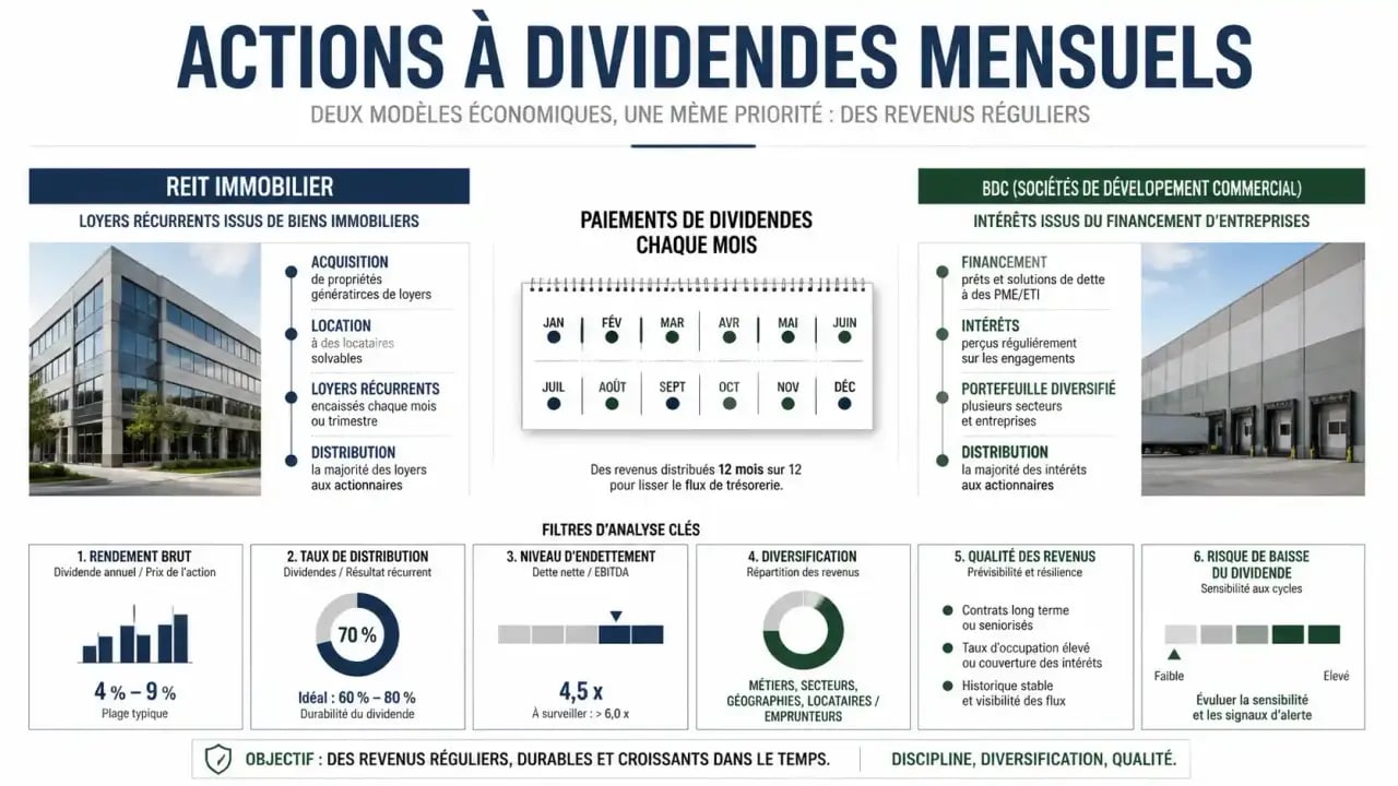 Infographie sur les actions à dividendes mensuels, entre REIT et BDC