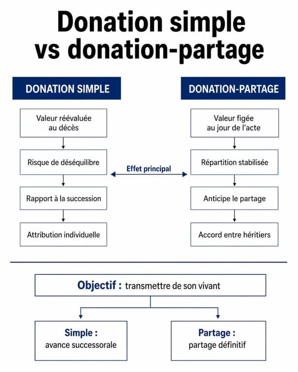 Comparatif donation simple et donation-partage pour la transmission patrimoine immobilier de son vivant