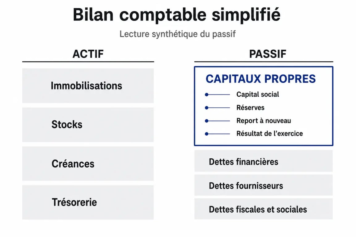 Calcul capitaux propres dans un bilan comptable avec la rubrique capitaux propres mise en évidence