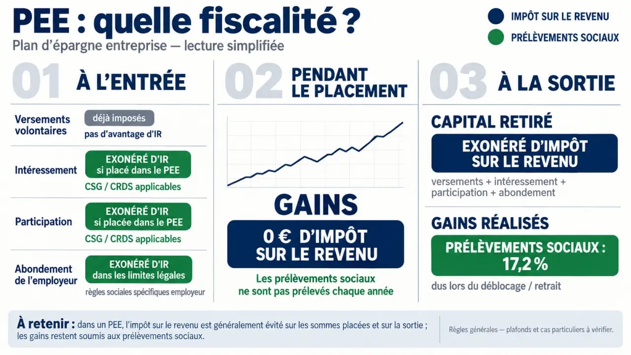 Fiscalité PEE à l’entrée, pendant le placement et à la sortie avec impôt sur le revenu et prélèvements sociaux