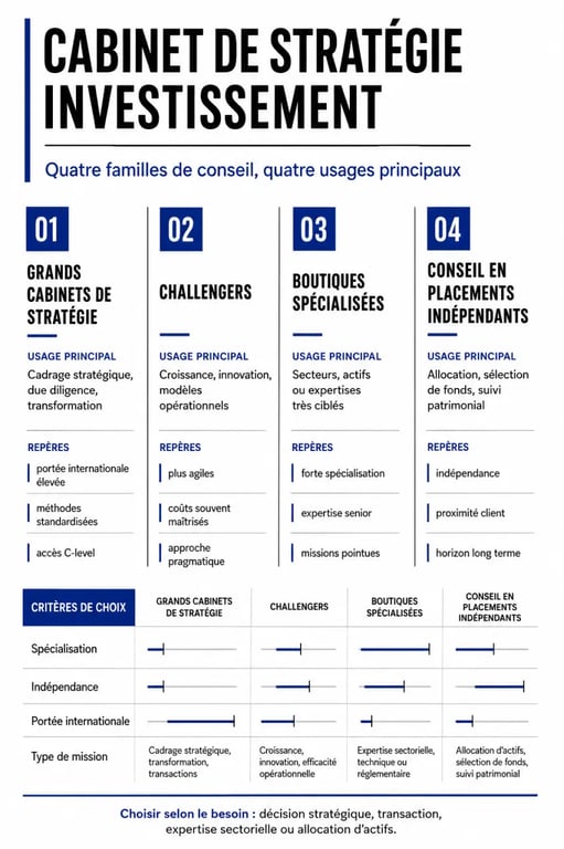 Infographie comparant un cabinet de stratégie investissement selon les types de cabinets et les critères de choix
