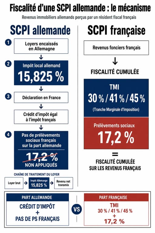 Fiscalité SCPI allemande : schéma comparatif des impôts en Allemagne et en France avec crédit d’impôt et rendement net
