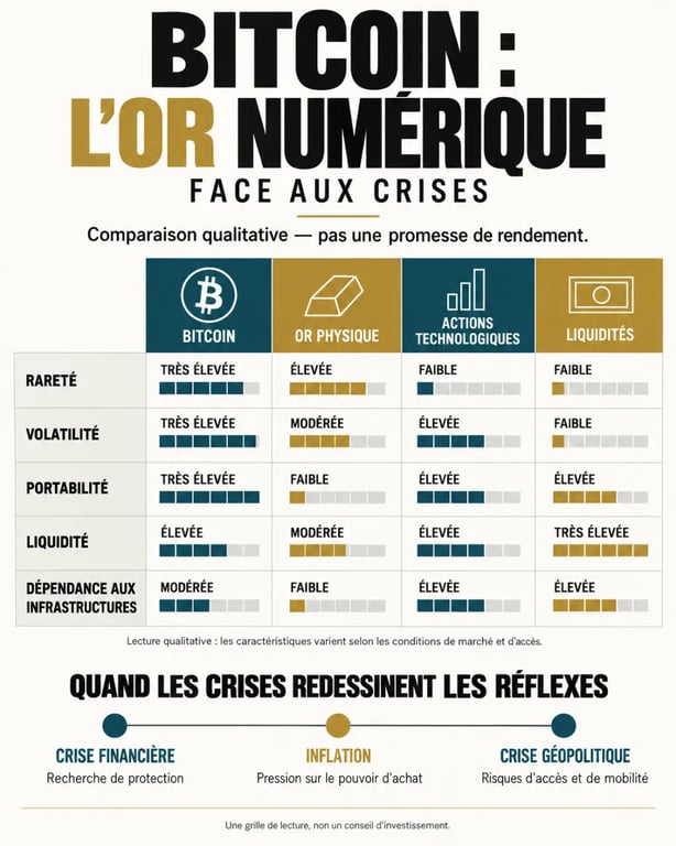 Bitcoin or numérique face aux crises : comparaison avec l’or physique, les actions technologiques et les liquidités