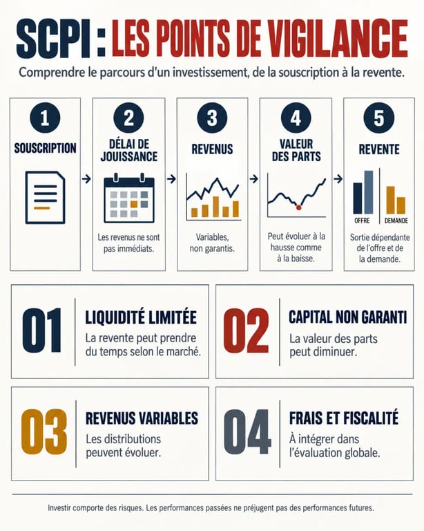 Infographie sur les inconvénients des SCPI : liquidité, capital, revenus, frais et fiscalité