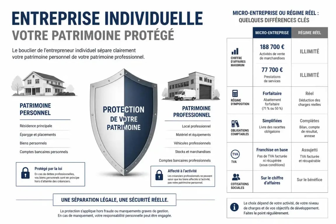 Societe au nom propre : schéma comparatif de l'entreprise individuelle, de la micro-entreprise et du régime réel