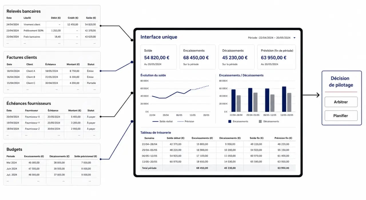 Reporting de trésorerie avec schéma éditorial du passage des données bancaires au reporting automatisé