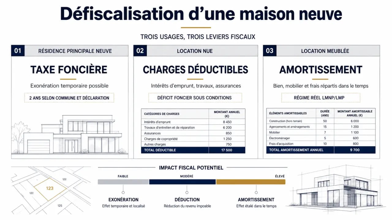 Défiscaliser maison neuve : infographie comparative des avantages fiscaux selon l'usage