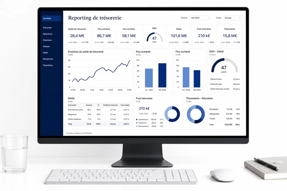 Reporting de trésorerie affiché sur un tableau de bord financier avec solde, flux, DSO et écarts