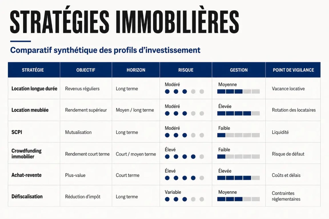 Infographie comparative des stratégies immobilier selon objectif, horizon, risque et niveau de gestion