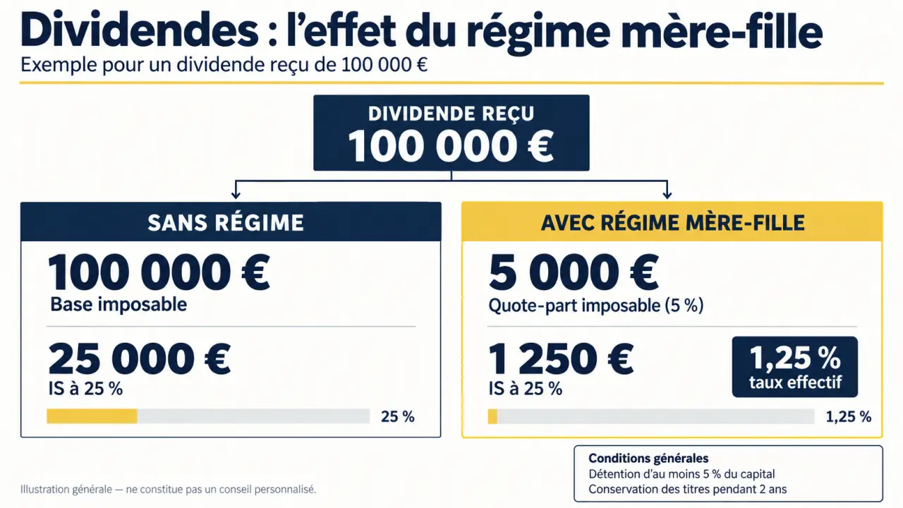 Infographie sur le régime mère-fille dividende avec calcul de la quote-part de 5 %