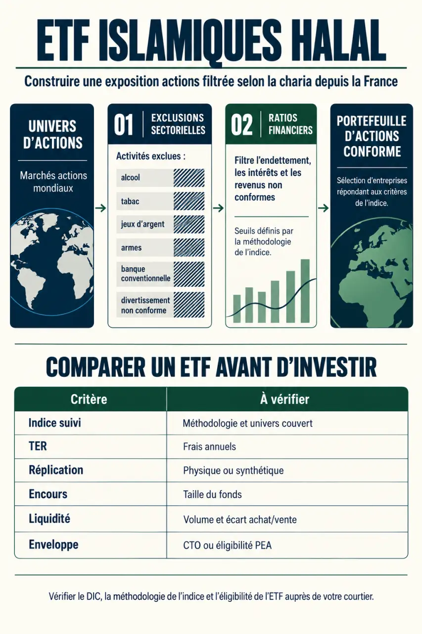 Infographie sur les ETF islamique halal et les critères de conformité charia
